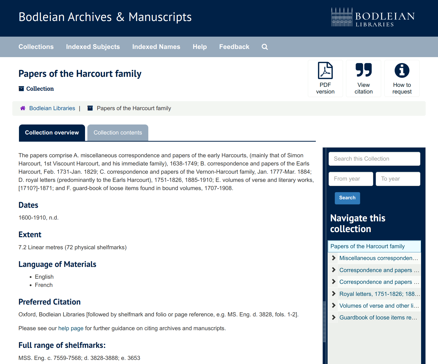 Screenshot of a collection overview page, showing the layout and the sort of information typically displayed.