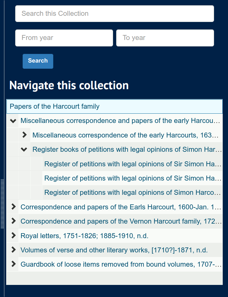 Screenshot of a 'Navigate this collection' tree, showing a typical hierarchical view of sub-records.